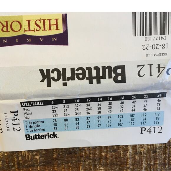 Butterick Sewing Pattern P412 Southern Belle Reenactment Costume 18-22 UNCUT - Picture 3 of 3